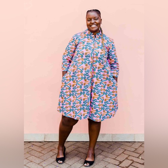 Zuri Fiddlesticks 3/4 Sleeve Kenya Dress Cotton Trapeze Pink Blue 2X Long - Picture 2 of 11